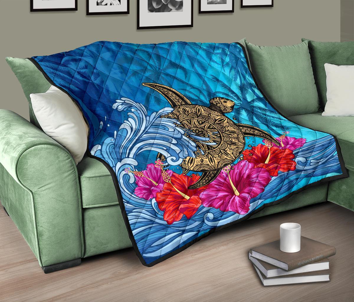 Hawaii Sea Turtle Hibiscus Coconut Tree Premium Quilt - Polynesian Pride