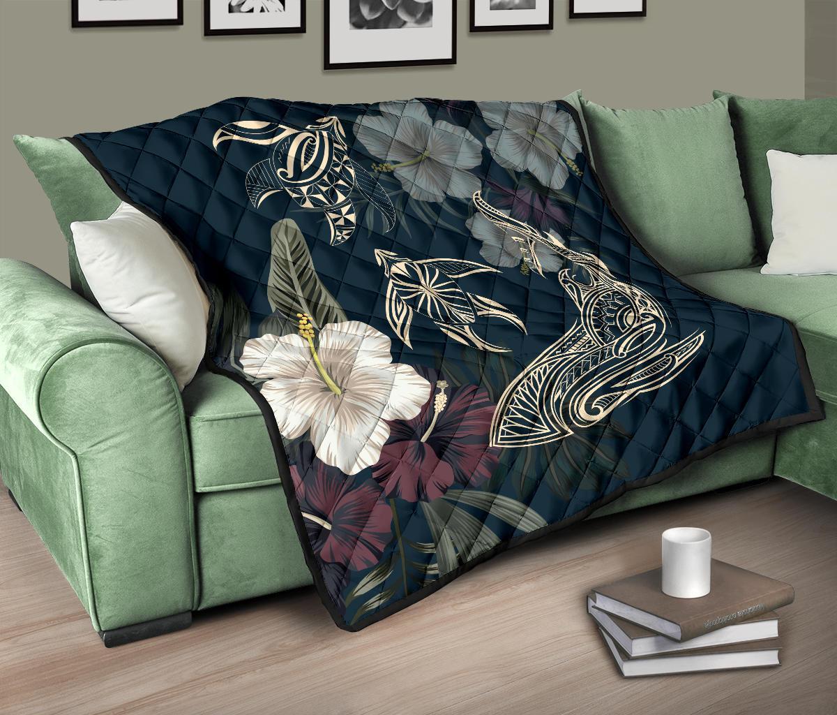 Hawaii Tropical Hibiscus Turtle Shark Aumakua Premium Quilt - Lucas Style - Blue - Polynesian Pride