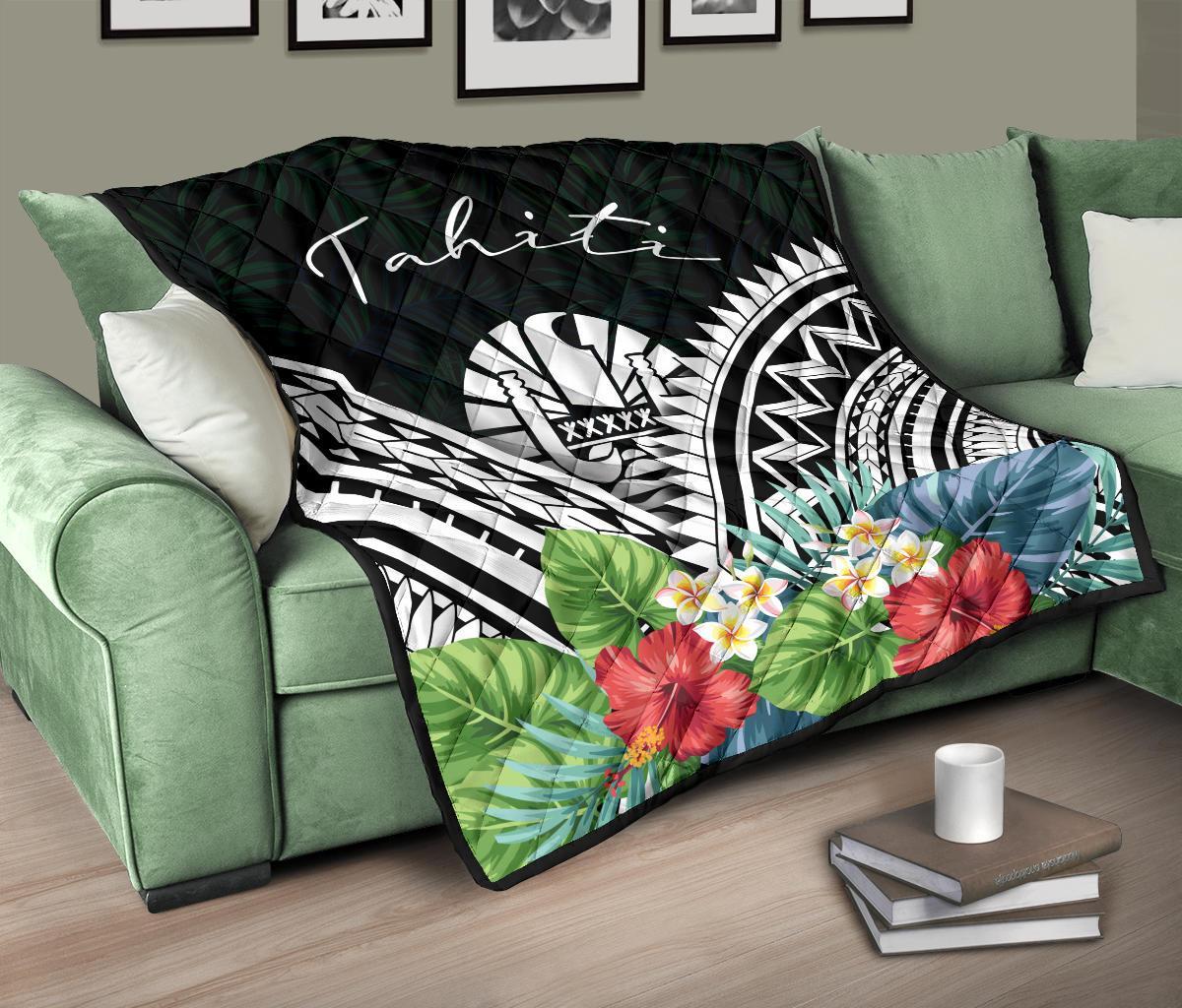 Tahiti Premium Quilt - Tahiti Coat of Arms & Polynesian Tropical Flowers White - Polynesian Pride