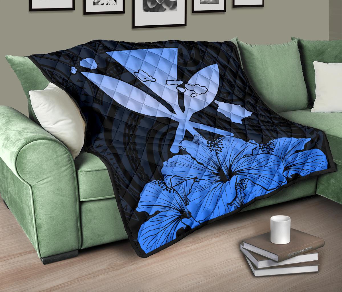 Hawaiian Kanaka Premium Quilt Hibiscus Polynesian Love Blue - Polynesian Pride