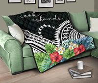 Cook Islands Premium Quilt - Cook Islands Coat of Arms & Polynesian Tropical Flowers White - Polynesian Pride