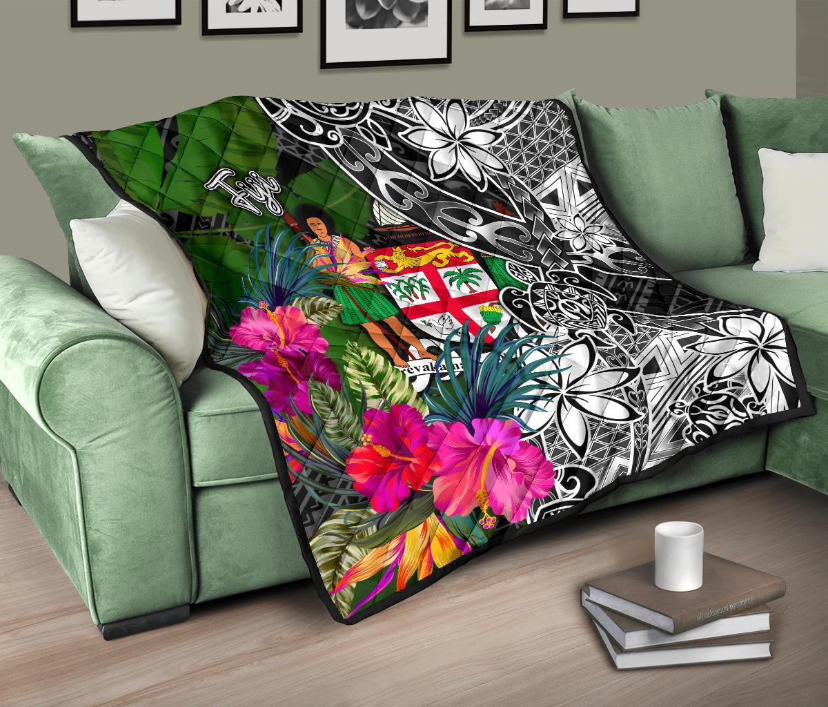 Fiji Premium Quilt - Turtle Plumeria Banana Leaf Crest - Polynesian Pride