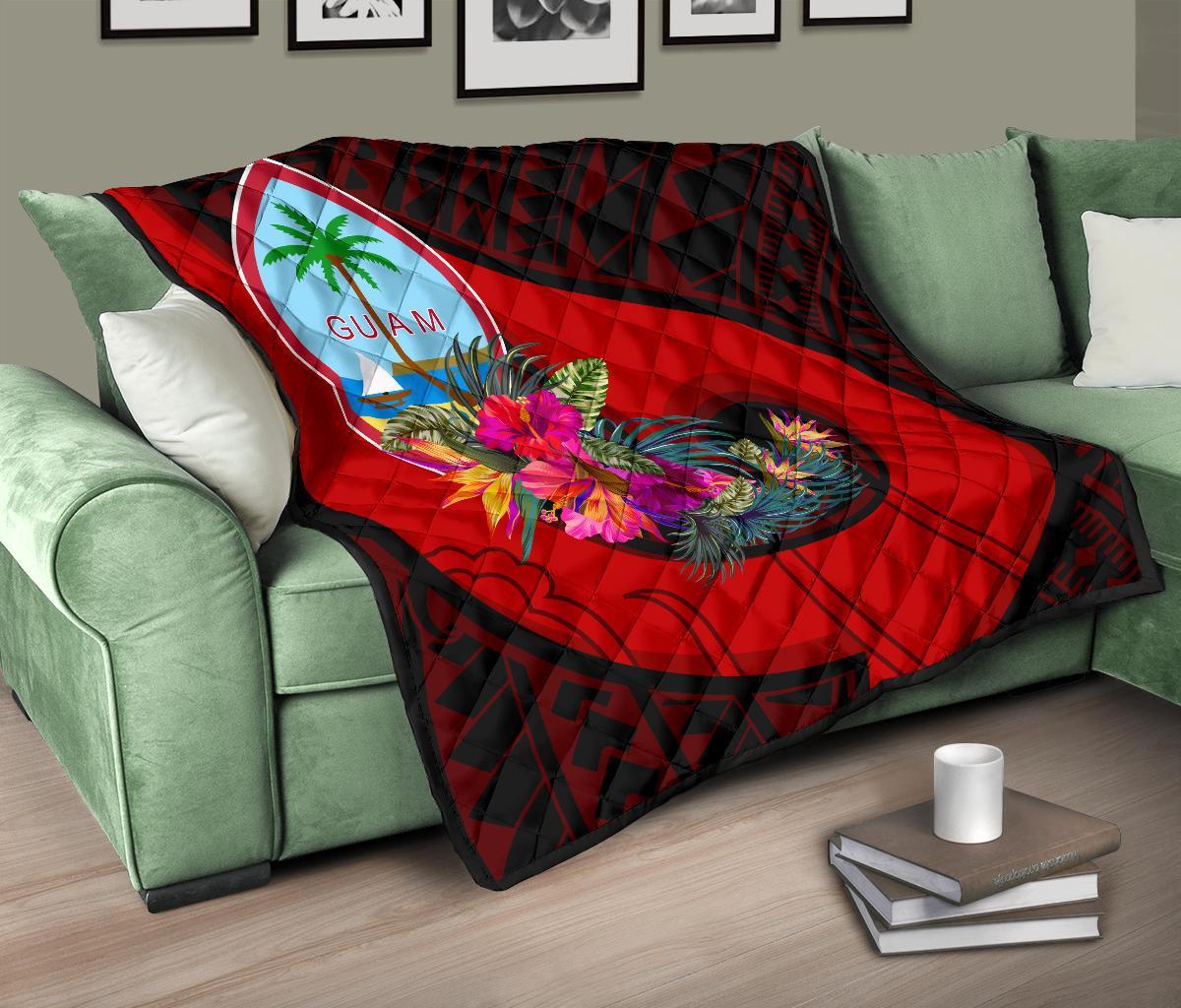 Guam Premium Quilt - Polynesian Hook And Hibiscus (Red) - Polynesian Pride