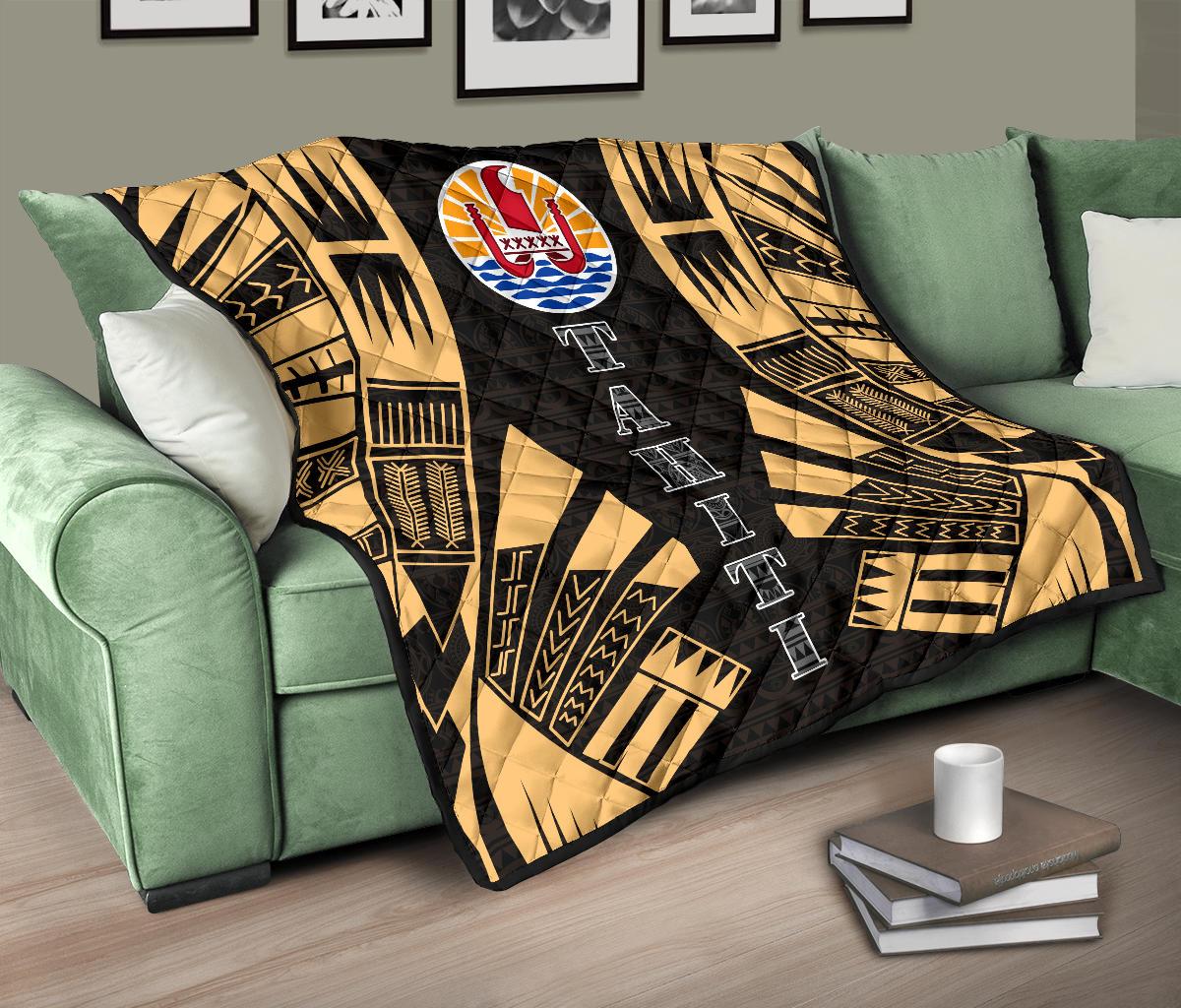 Tahiti Premium Quilt - Tahiti Flag Polynesian Gold Tattoo - Polynesian Pride