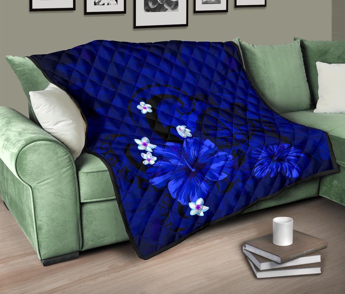 Hawaii Turtle Poly Tribal Blue Premium Quilt - Polynesian Pride