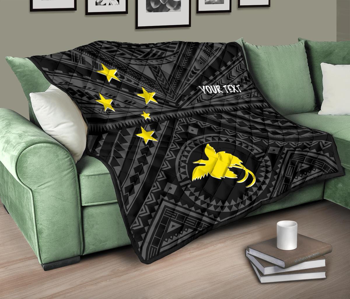 Papua New Guinea Personalised Premium Quilt - Flag With Polynesian Patterns (Black) - Polynesian Pride