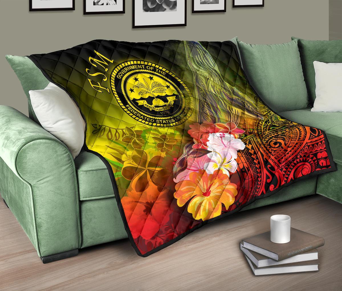 Federated States of Micronesia Premium Quilts - Humpback Whale with Tropical Flowers (Yellow) - Polynesian Pride