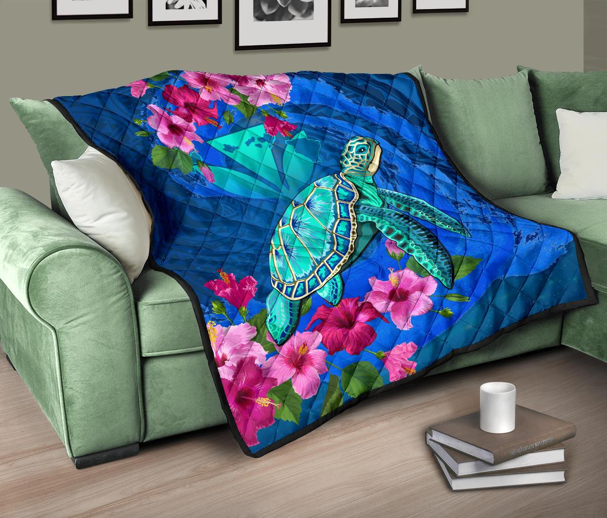 Hawaii Honu Aumakua Sea Hibiscus Premium Quilt - Nin Style - Polynesian Pride