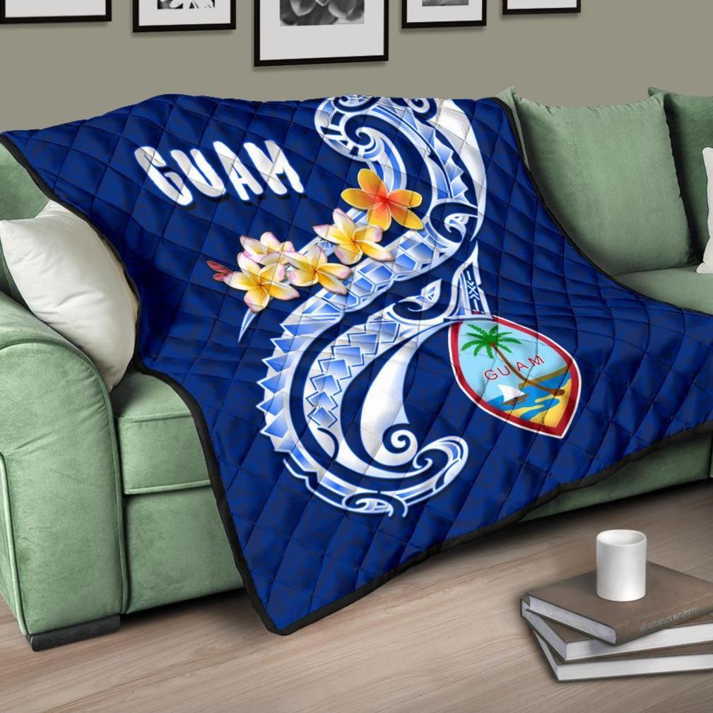 Guam Premium Quilt - Guam Seal Polynesian Patterns Plumeria (Blue) Blue - Polynesian Pride