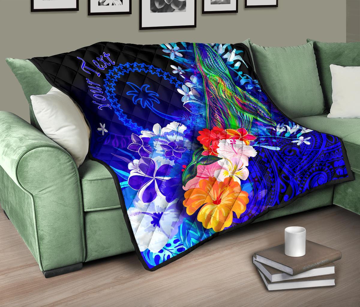 Custom Personalised Chuuk Premium Quilt - Humpback Whale with Tropical Flowers (Blue) - Polynesian Pride