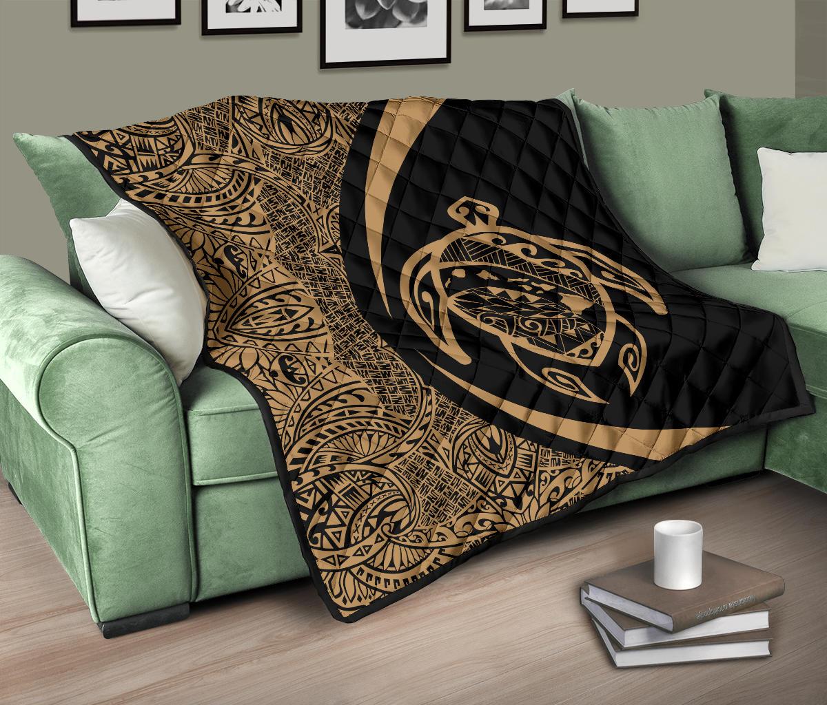 Hawaii Turtle Map Polynesian Premium Quilt - Gold - Circle Style - Polynesian Pride