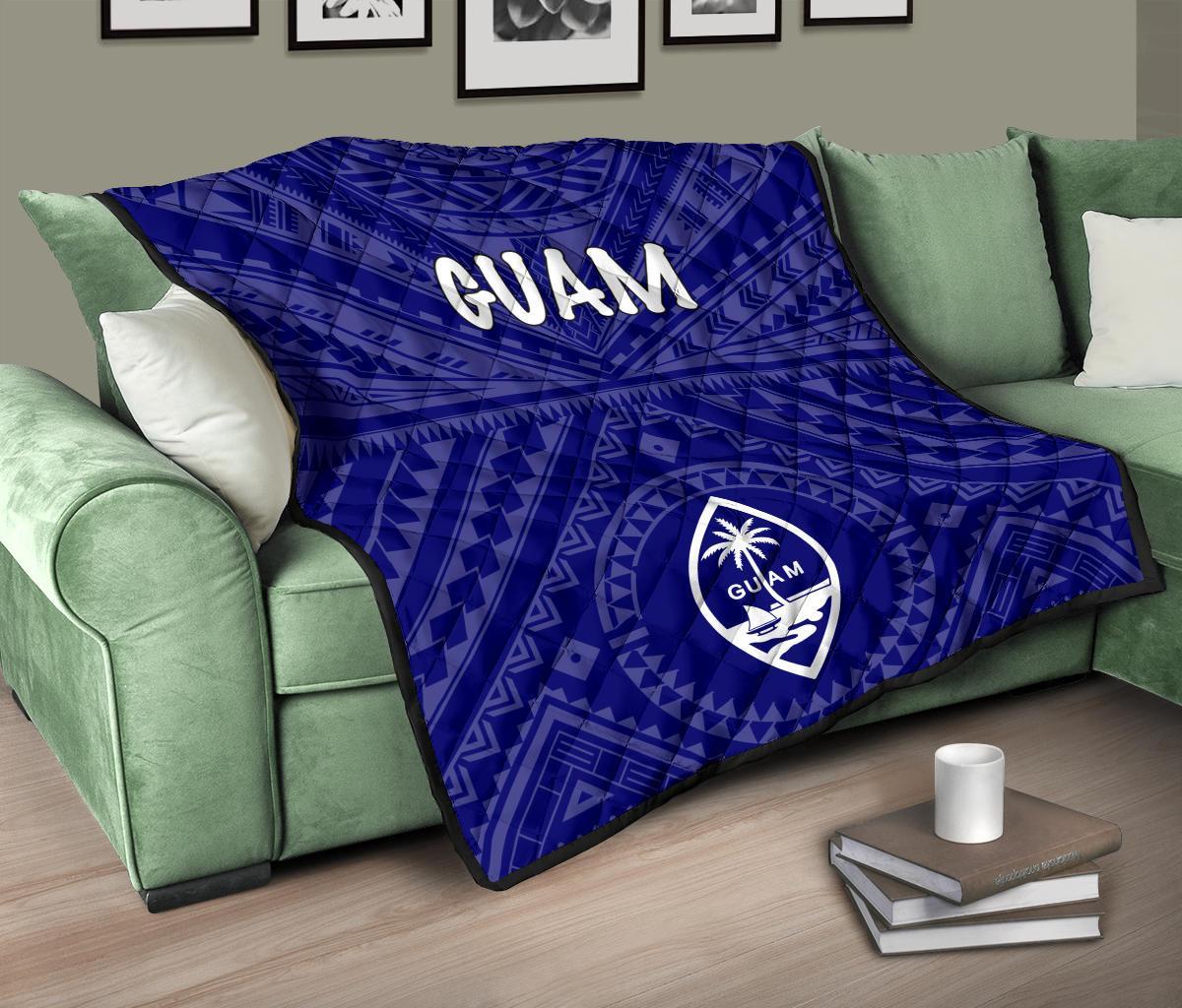 Guam Premium Quilt - Guam Seal With Polynesian Tattoo Style (Blue) - Polynesian Pride
