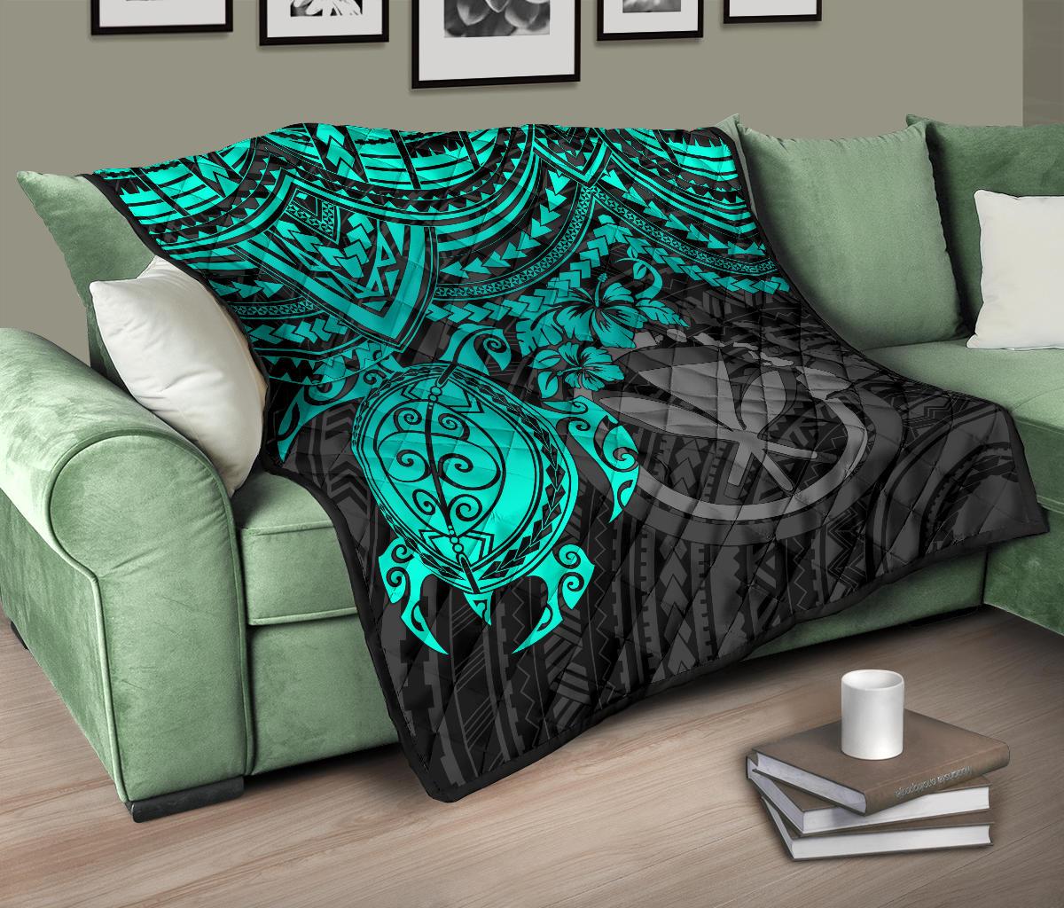 Hawaii Polynesian Premium Quilt - Kanaka Maoli & Turquoise Turtle Hibiscus - Polynesian Pride
