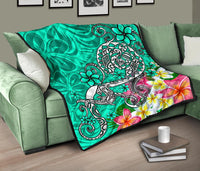 Polynesian Premium Quilt - Turtle Plumeria Turquoise Color - Polynesian Pride