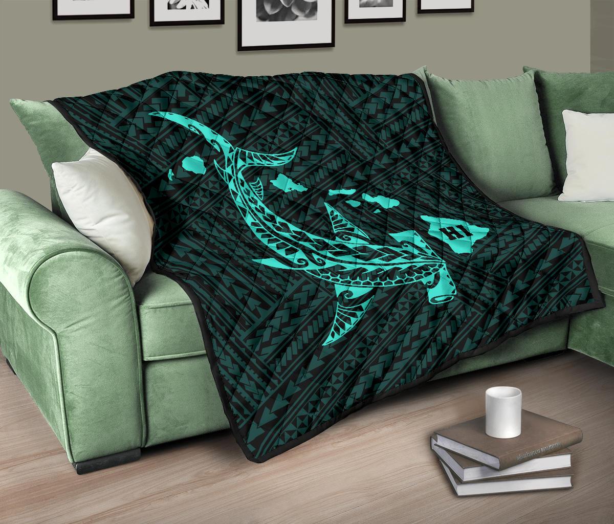 Hawaii Shark Turquoise Polynesian Premium Quilt - Polynesian Pride