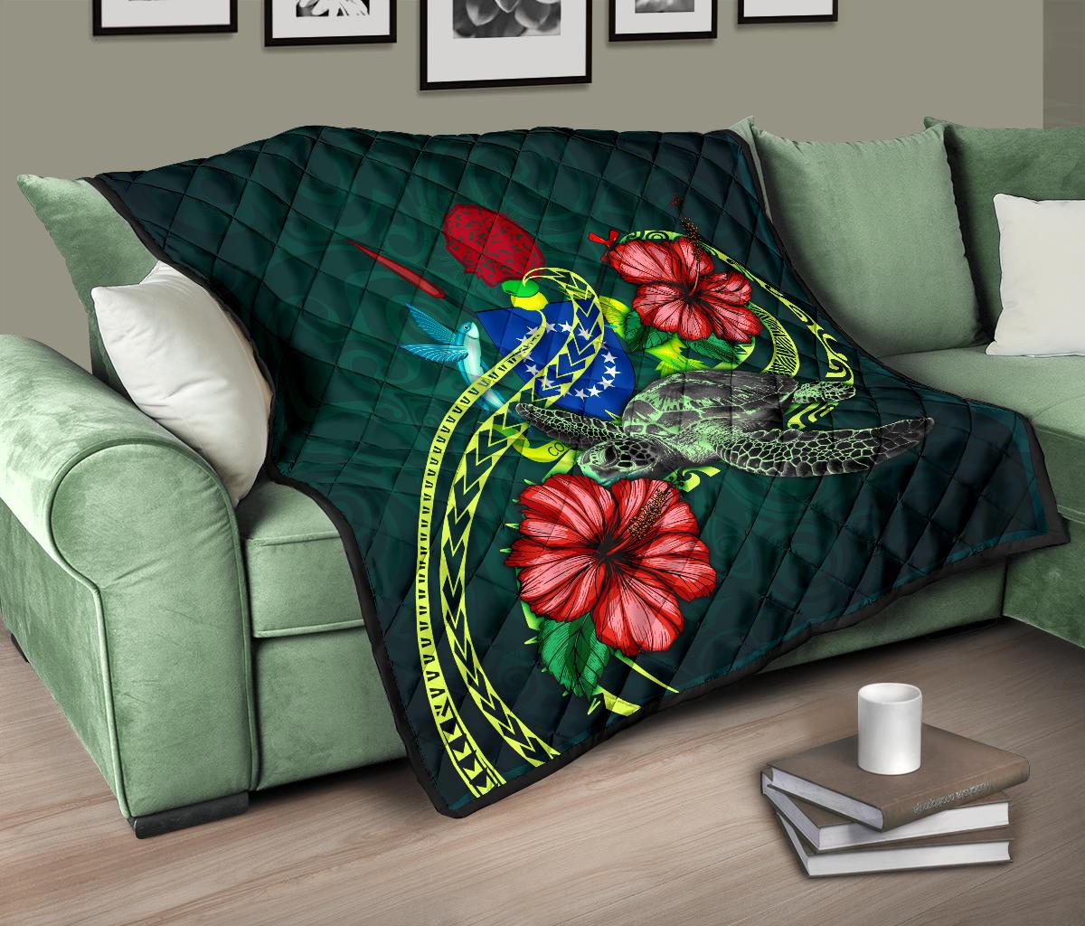 Cook Islands Polynesian Premium Quilt - Green Turtle Hibiscus - Polynesian Pride