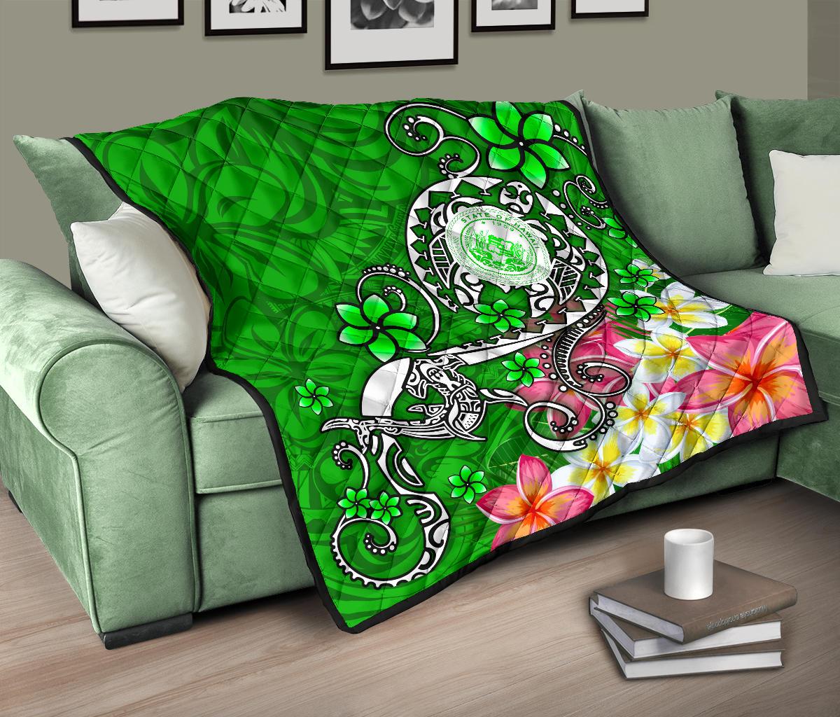 Hawaii Polynesian Premium Quilt - Hawaii Seal With Turtle Plumeria (Green) - Polynesian Pride