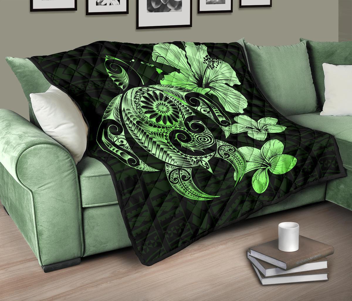 Hibiscus Plumeria Mix Polynesian Green Turtle Premium Quilt - Polynesian Pride