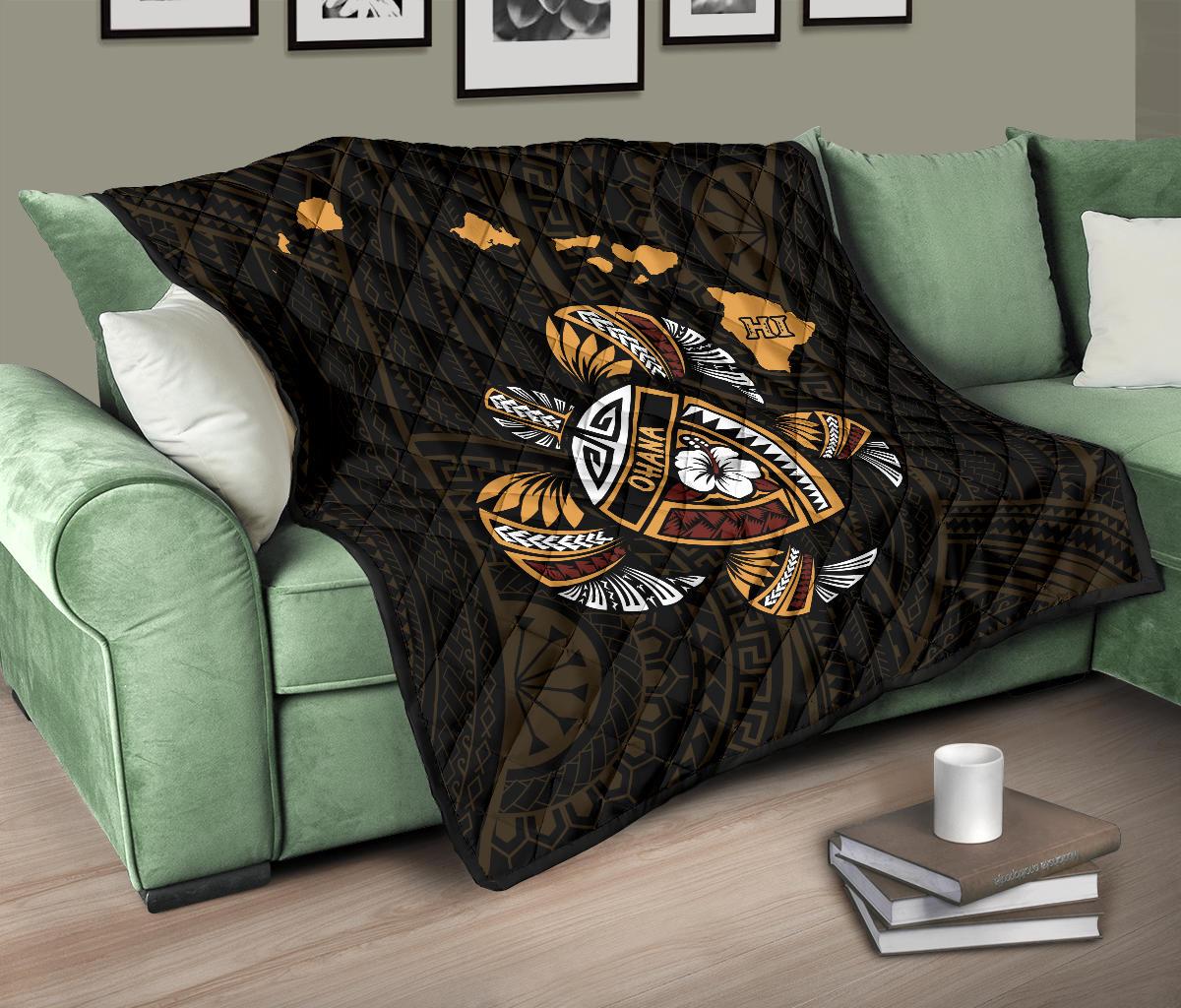 Hawaii Kakau Polynesian Turtle Map Premium Quilt - Polynesian Pride