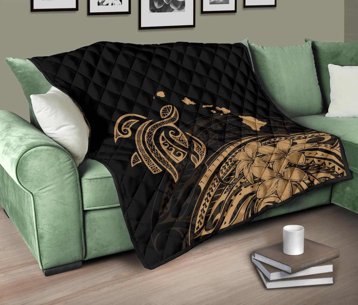 Hawaii Map Plumeria Polynesian Gold Premium Quilt - Polynesian Pride