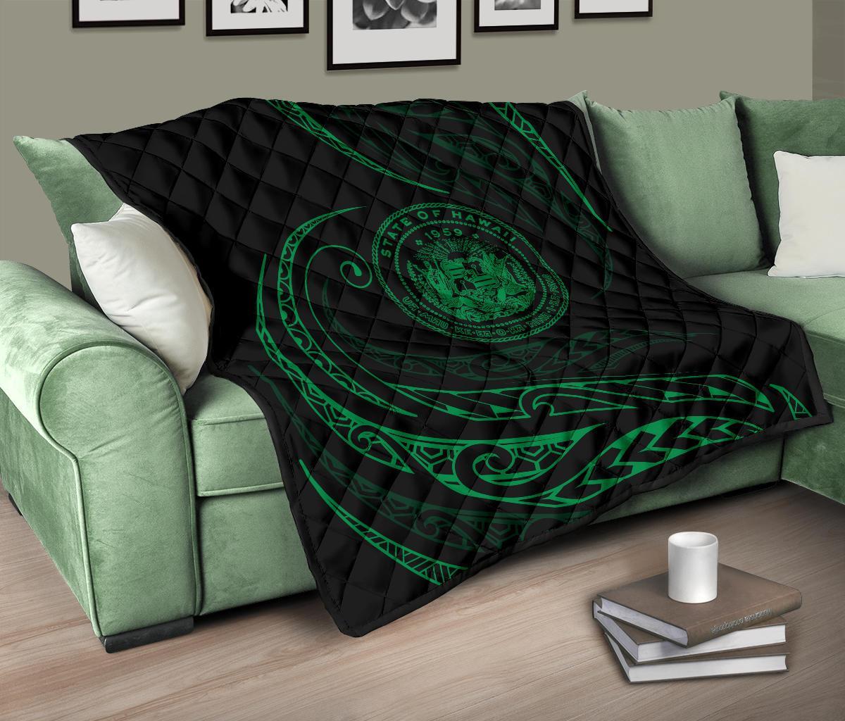 Hawaii Coat Of Arms Premium Quilt - Green - Frida Style - Polynesian Pride