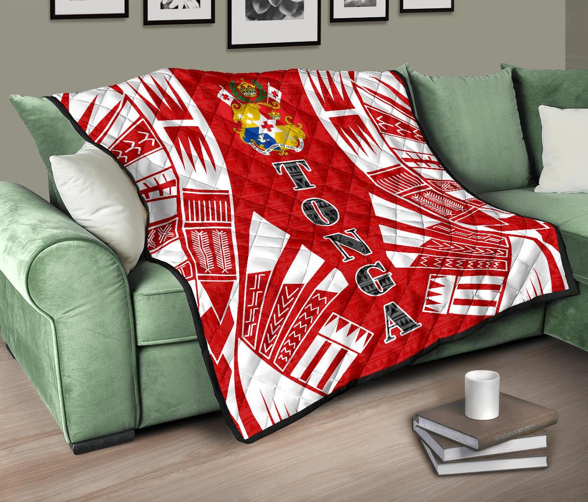 Tonga Premium Quilt - Tonga Coat Of Arms Polynesian White Tattoo (Red) - Polynesian Pride