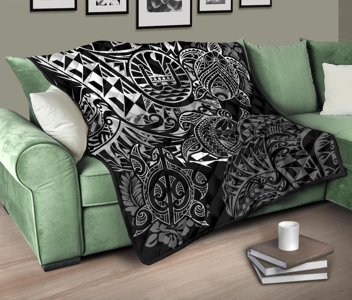 Tahiti Polynesian Premium Quilt - White Turtle Hibiscus Flowing - Polynesian Pride