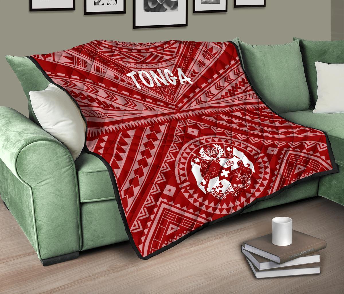Tonga Premium Quilt - Tonga Seal With Polynesian Tattoo Style (Red) - Polynesian Pride