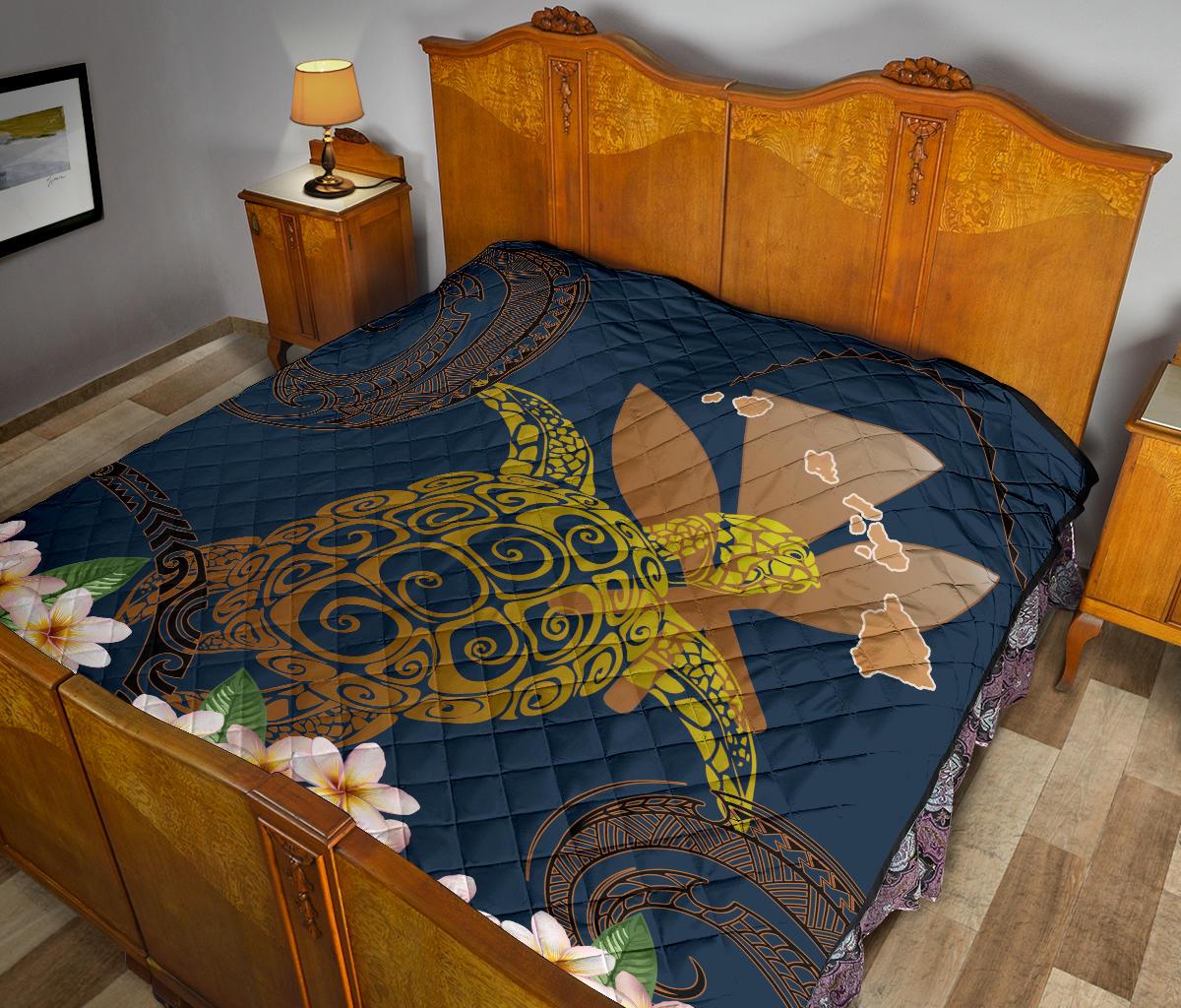 Hawaii Turtle Plumeria Polynesian Kanaka Map - Blue Style - Premium Quilt AH - Polynesian Pride