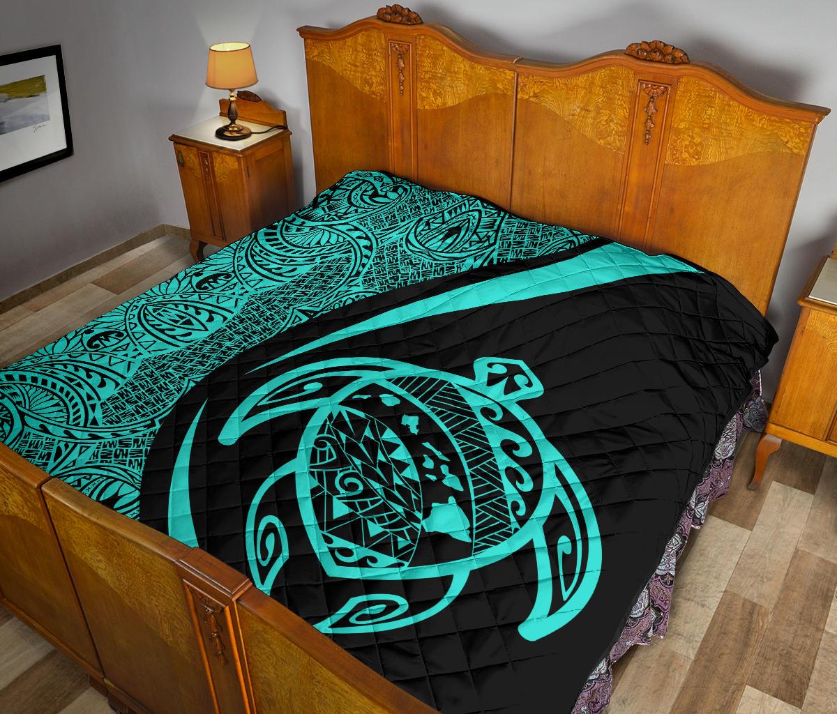 Hawaii Turtle Map Polynesian Premium Quilt - Turquoise - Circle Style - Polynesian Pride