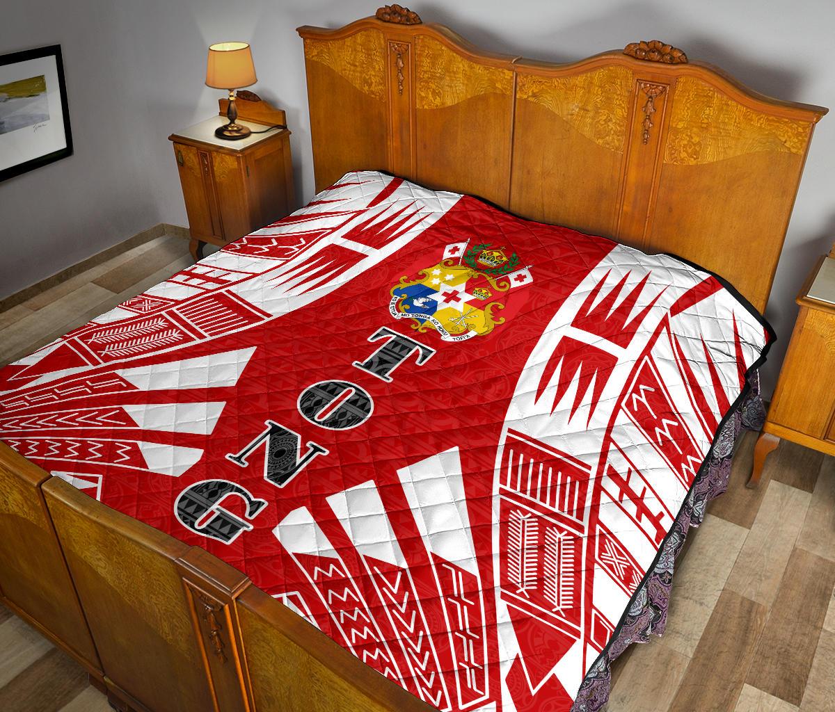 Tonga Premium Quilt - Tonga Coat Of Arms Polynesian White Tattoo (Red) - Polynesian Pride