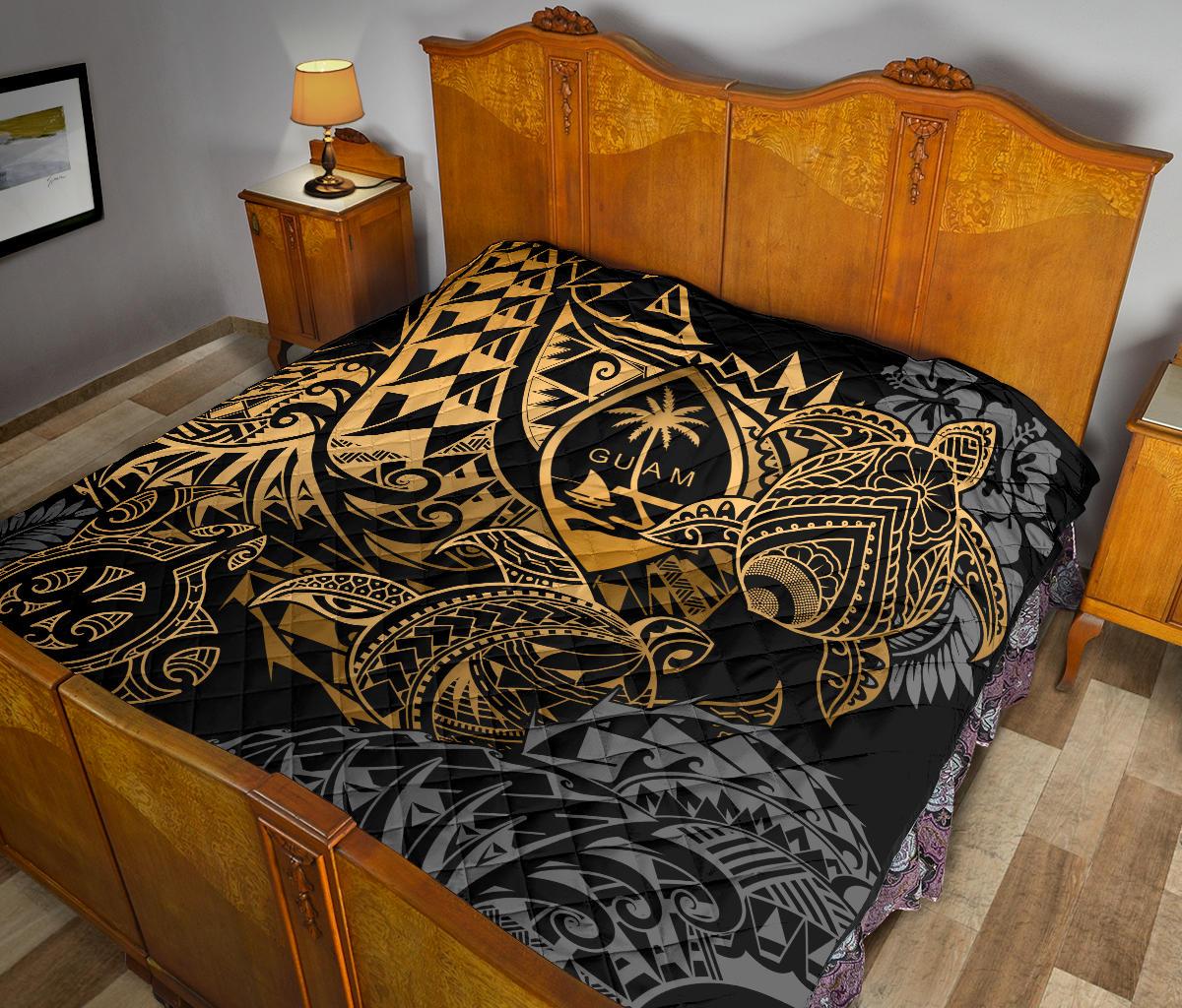 Guam Polynesian Premium Quilt - Gold Turtle Flowing - Polynesian Pride