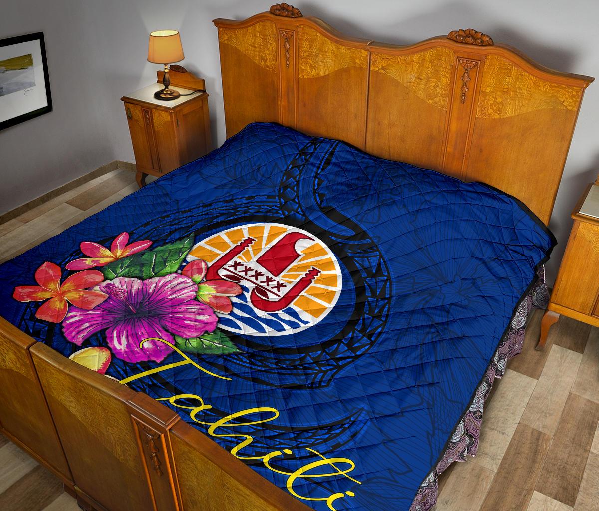Tahiti Polynesian Premium Quilt - Floral With Seal Blue - Polynesian Pride