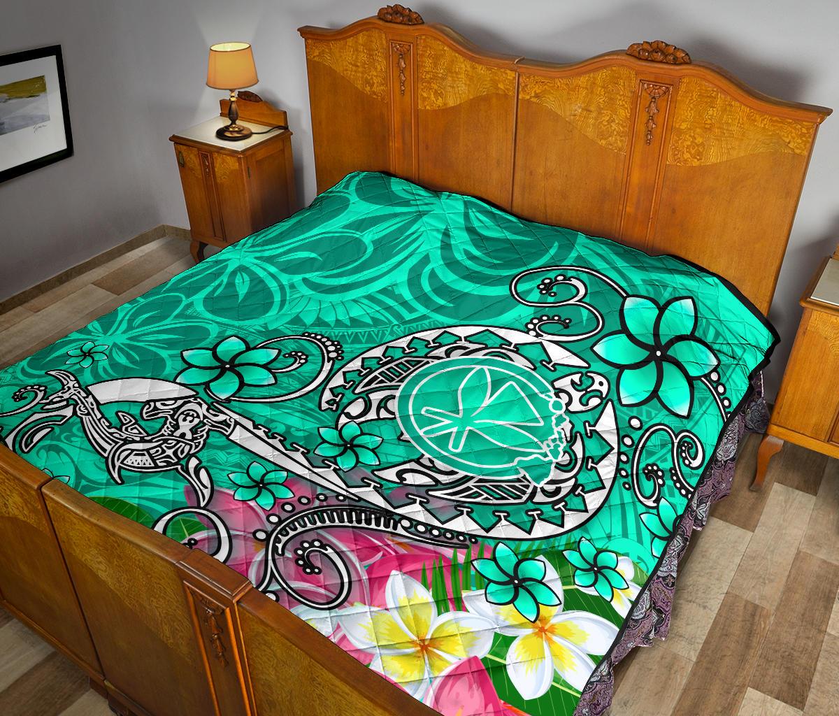 Hawaii Premium Quilt - Turtle Plumeria Polynesian Tattoo Turquoise Color - Polynesian Pride