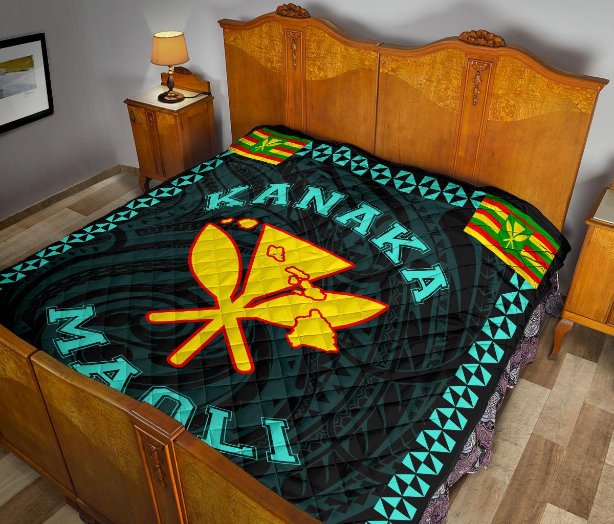 Kanaka Maoli Flag Polynesian Premium Quilt Turquoise - Love Style - Polynesian Pride