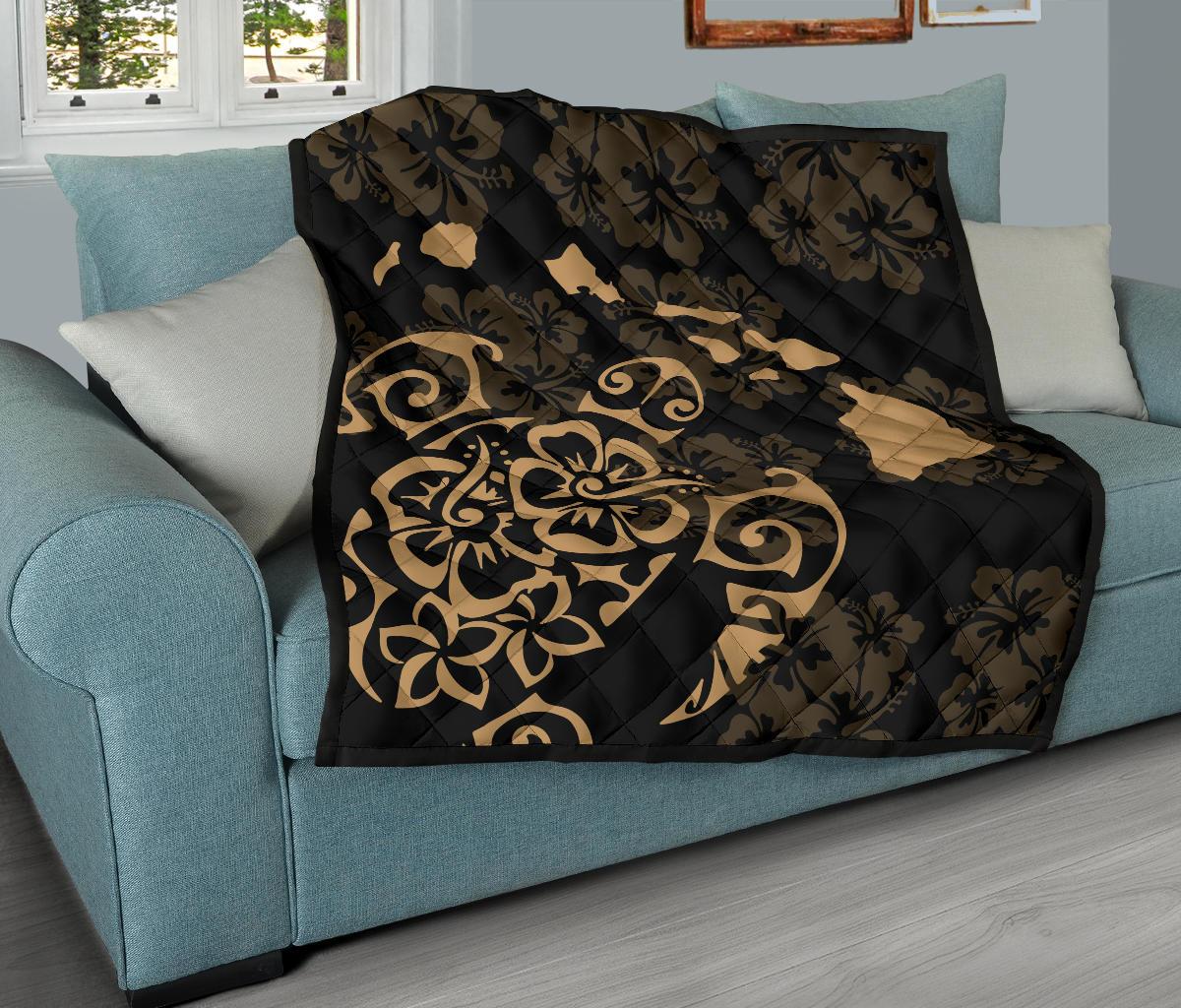 Turtle Hibiscus Map Gold Premium Quilt - Polynesian Pride