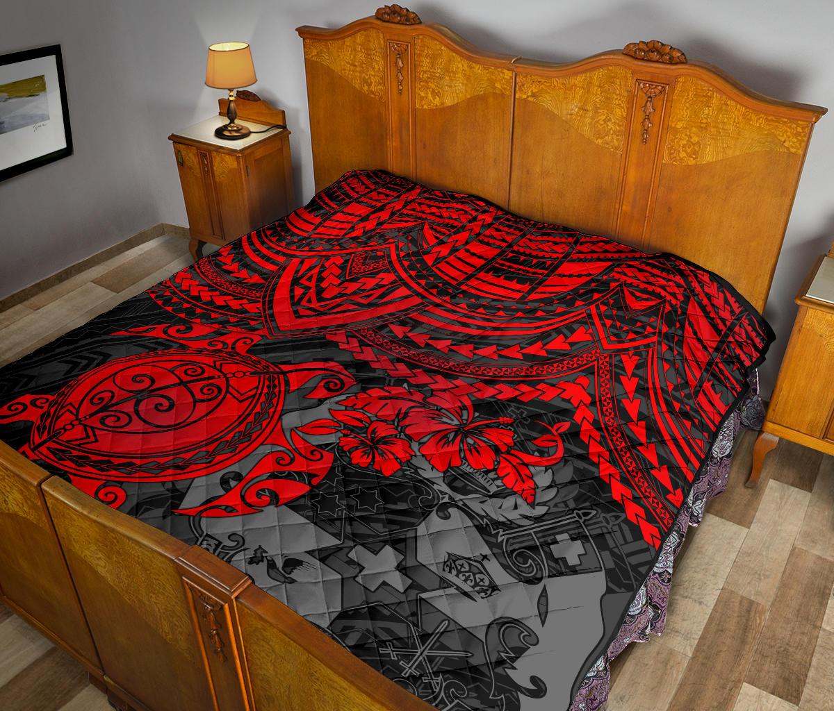 Tonga Polynesian Premium Quilts - Tonga Coat Of Arms & Red Turtle Hibiscus - Polynesian Pride