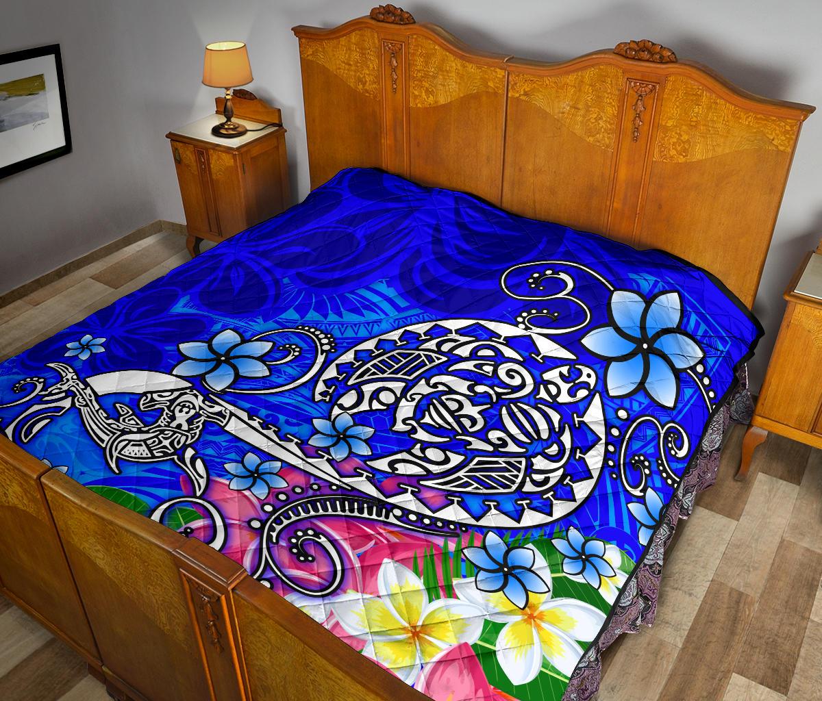 Polynesian Premium Quilt - Turtle Plumeria Blue Color - Polynesian Pride