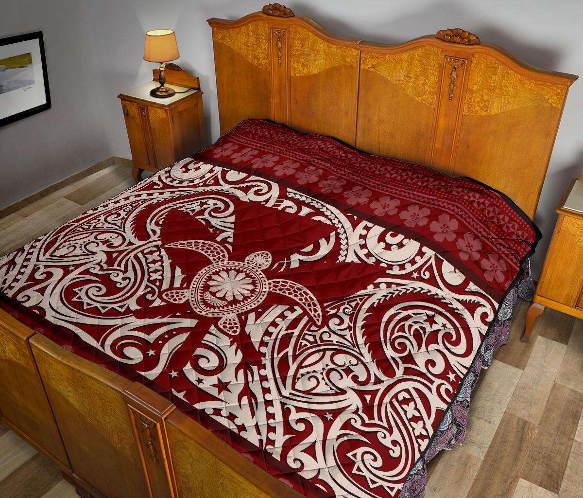 Hawaii Luxury Premium Quilt Red - Kanaka Maoli Turtle Polynesian Tattoo Pattern - Polynesian Pride