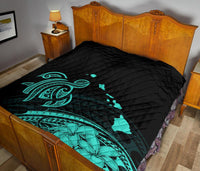 Hawaii Map Plumeria Polynesian Turquoise Premium Quilt - Polynesian Pride