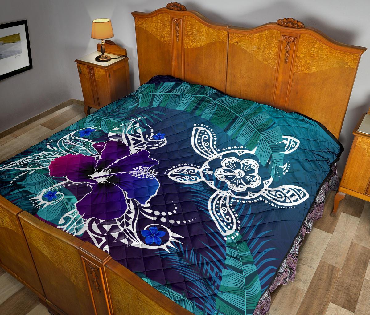 Hawaii Premium Quilt - Hawaii Turtle Flowers And Palms Retro - Polynesian Pride