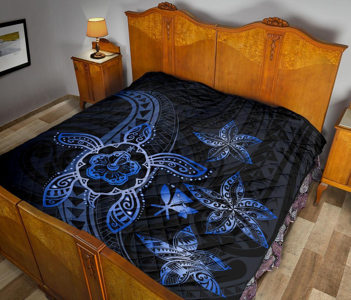 Kanaka Map Hibiscus Plumeria Turtle Art Blue Polynesian Premium Quilt - Polynesian Pride