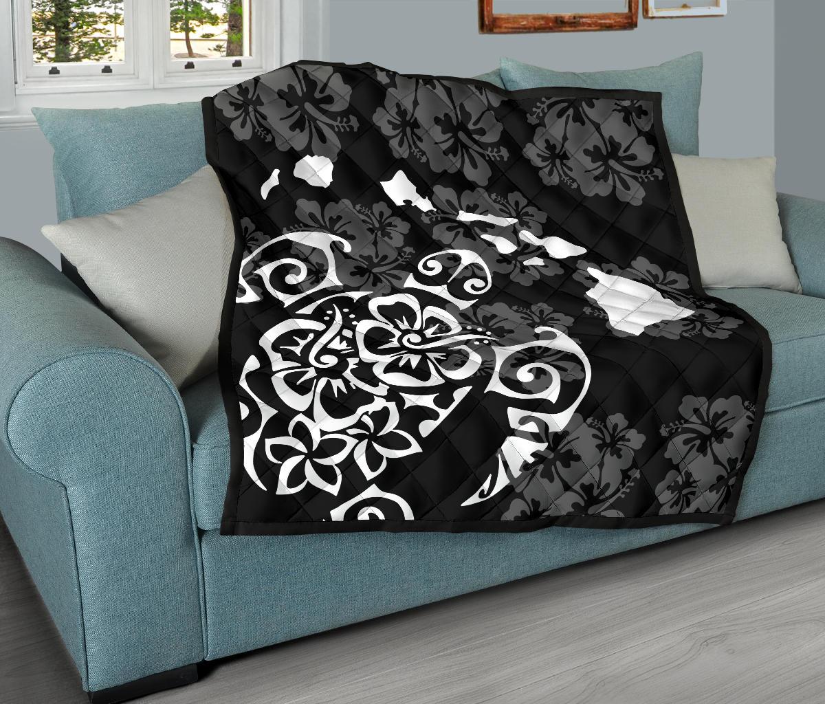 Turtle Hibiscus Map White Premium Quilt - Polynesian Pride