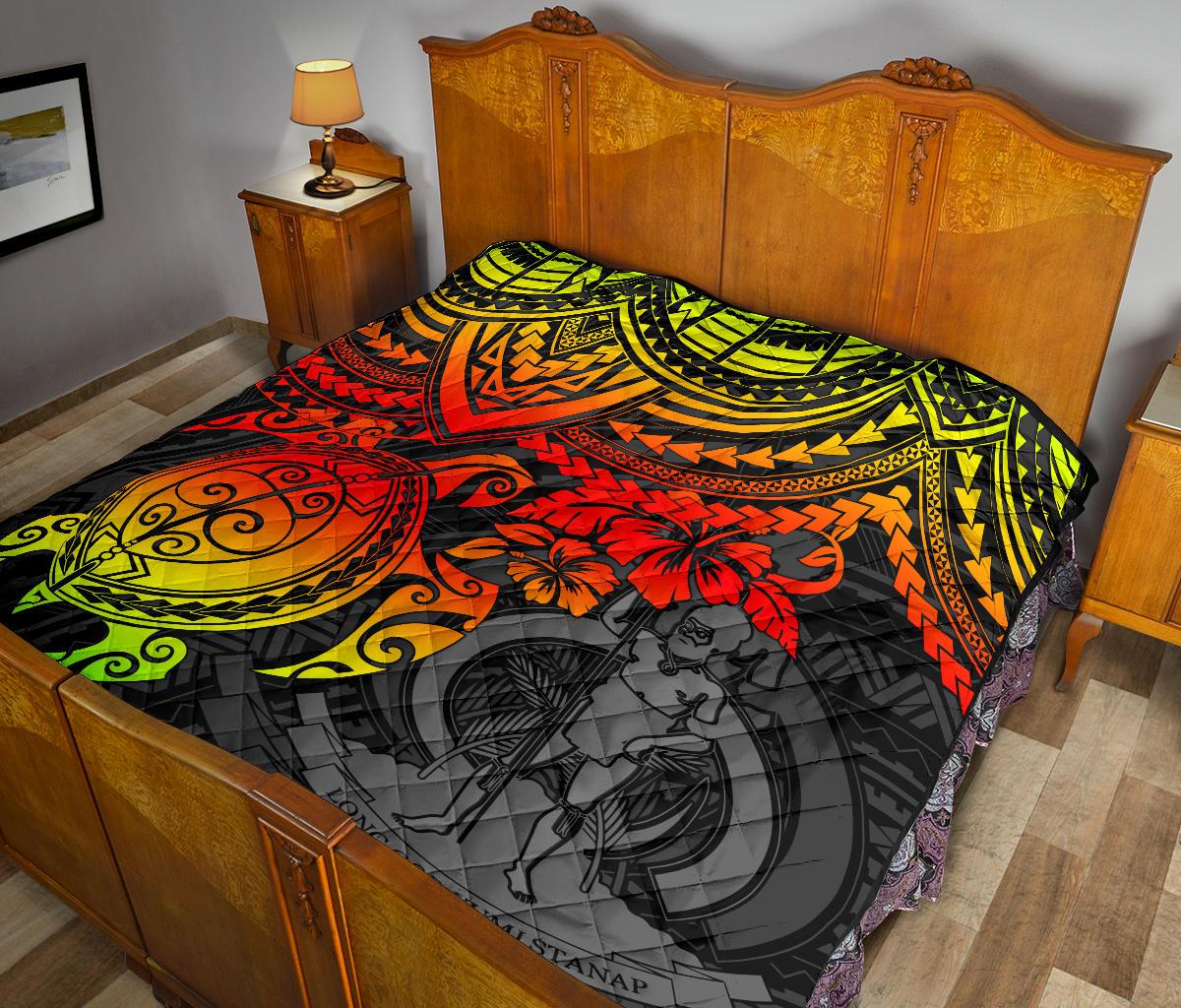 Vanuatu Polynesian Premium Quilt - Vanuatu Coat Of Arms & Reggae Turtle Hibiscus - Polynesian Pride