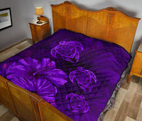 Hawaiian Map Hibiscus Turtle Vintage Polynesian Premium Quilt Purple - Polynesian Pride
