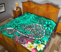 Polynesian Premium Quilt - Turtle Plumeria Turquoise Color - Polynesian Pride