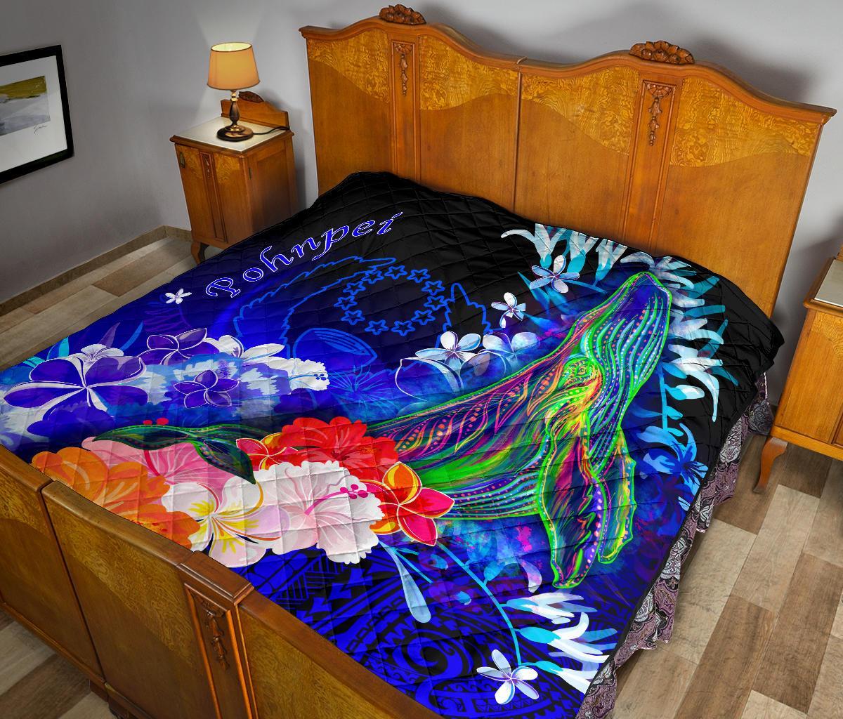 Pohnpei Premium Quilt - Humpback Whale with Tropical Flowers (Blue) - Polynesian Pride