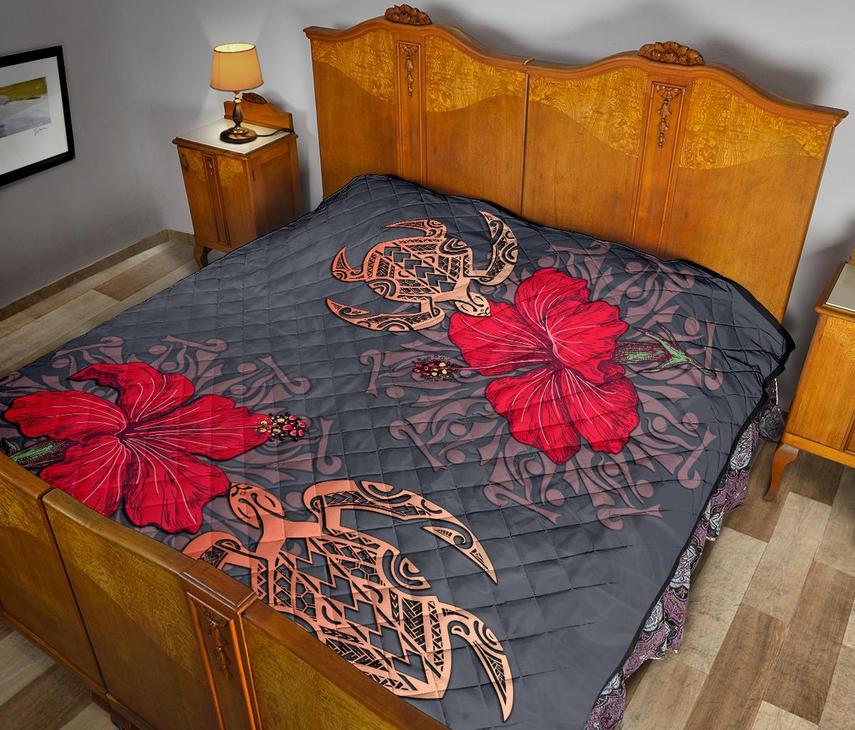 Hawaii Turtle Hibiscus Polynesian Premium Quilt - Khoi Style - AH - Polynesian Pride