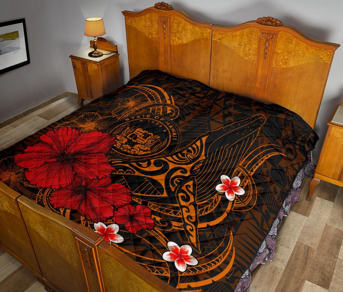 Polynesian Hawaii Premium Quilt - Humpback Whale with Hibiscus (Golden) - Polynesian Pride