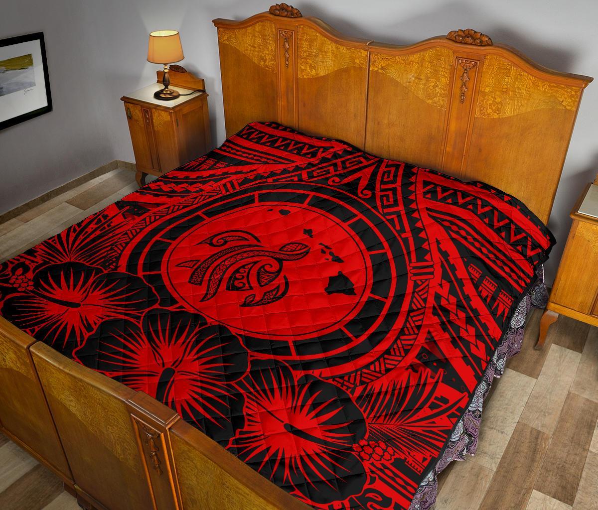 Hawaii Premium Quilt - Hawaii Map Honu Hibiscus Red Polynesian Premium Quilt - Polynesian Pride